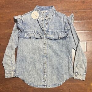 Acid Wash Denim Ruffle Button-Up Shirt